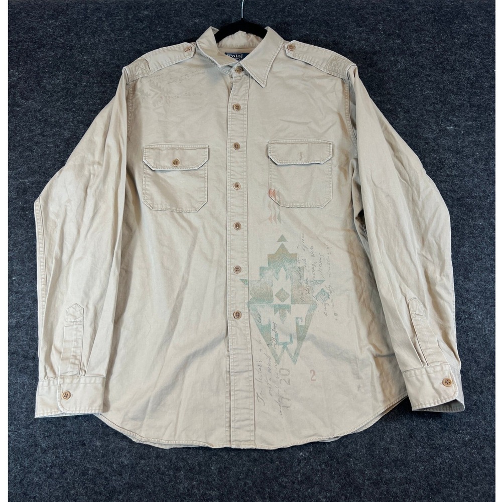Vtg 90s Polo Ralph Lauren AZTEC Navajo SAFARI Shirt Mens XL Stencil Western RARE